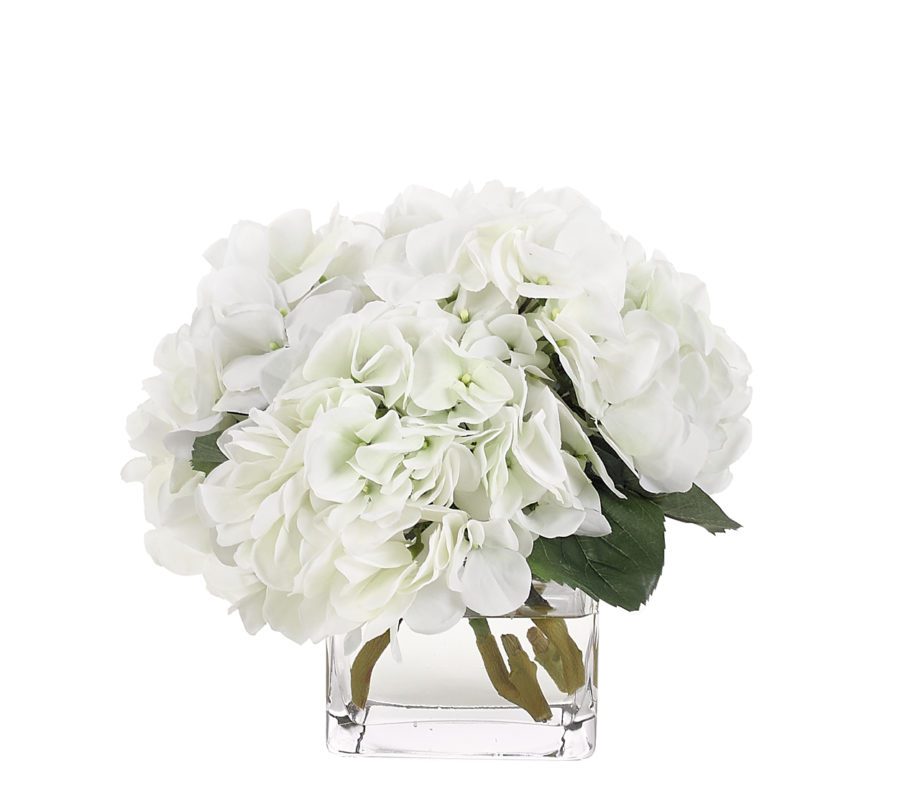 Hydrangea, White, in Glass CubeFaux Watergarden, 9