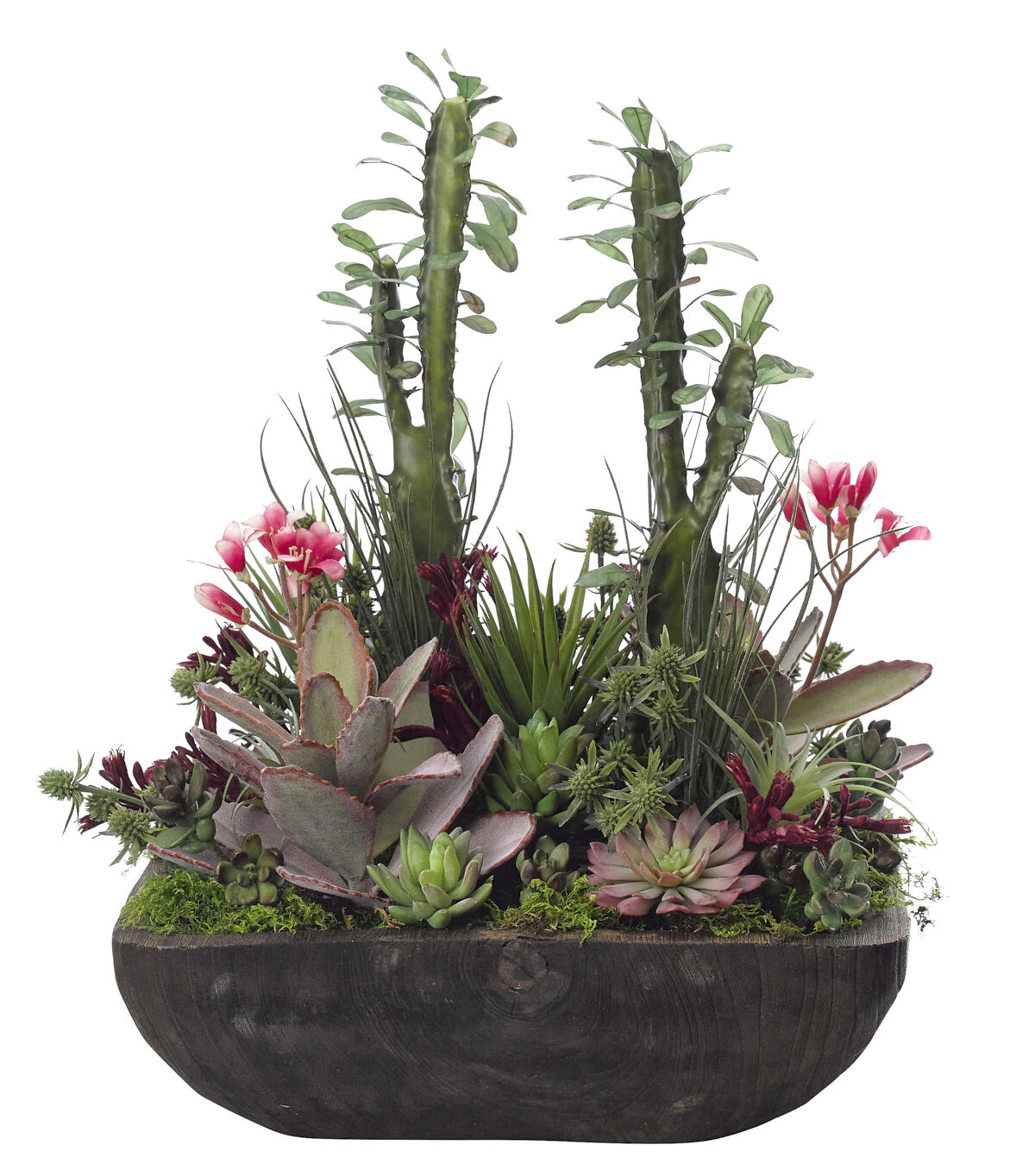 Succulent Cactus, Green Burgundy, in Wood BowlFaux Greenery, 21