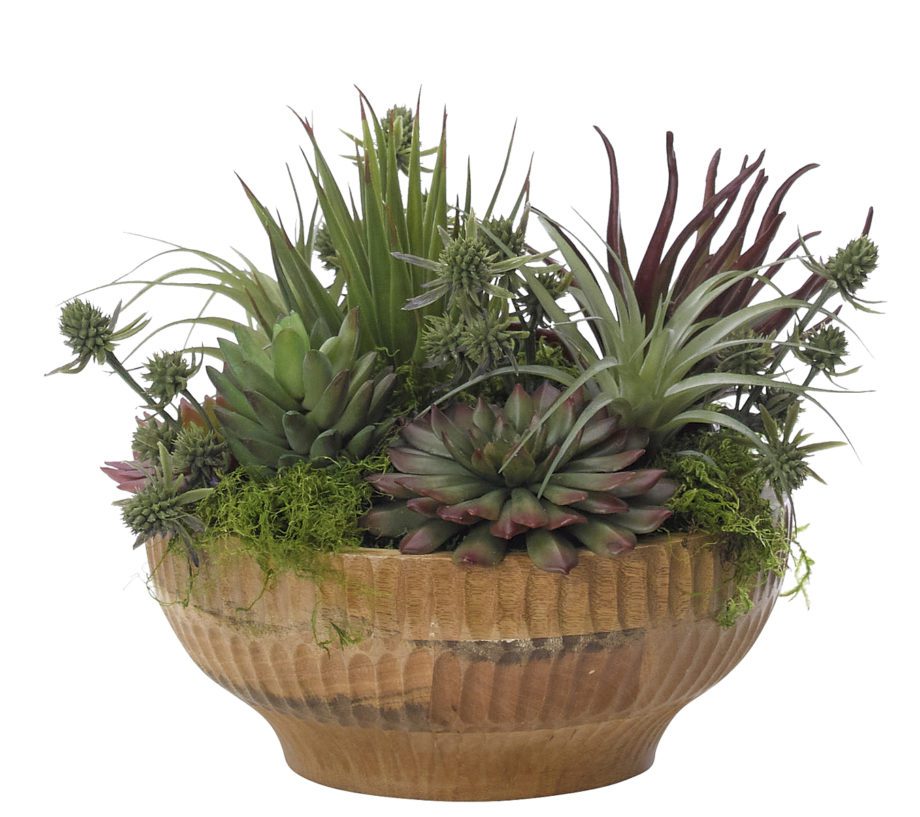 Succulent, Green Burgundy, in Wood BowlFaux Greenery, 9