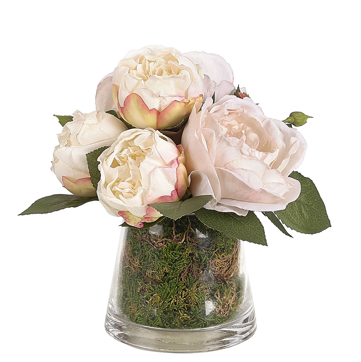 NDI Roses and Proteas 11 Faux Floral Arrangement in Moss Garden Glass Vase