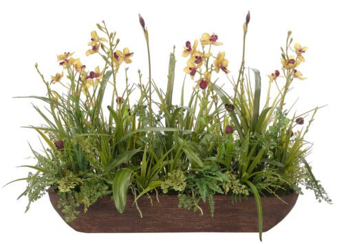 A rectangular wooden planter filled with lush green foliage and tall stalks of yellow orchids with maroon centers. The arrangement is dense and extends upwards, showcasing various textures and shades of green.