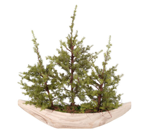 Three small, artificial pine trees arranged in a curved, light-colored wooden planter box, isolated on a white background.
