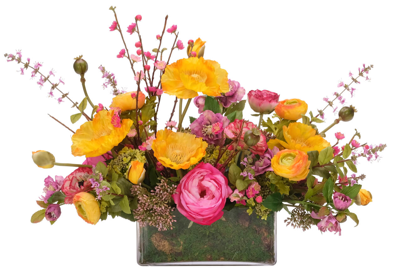 Poppy, Rose, Faux Moss Garden, 22″