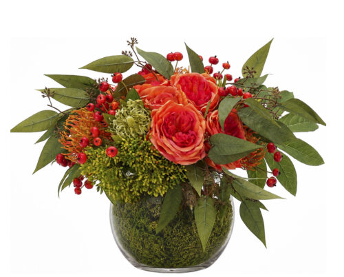 Orange Rose Protea Silk Arrangement in Glass Bubble