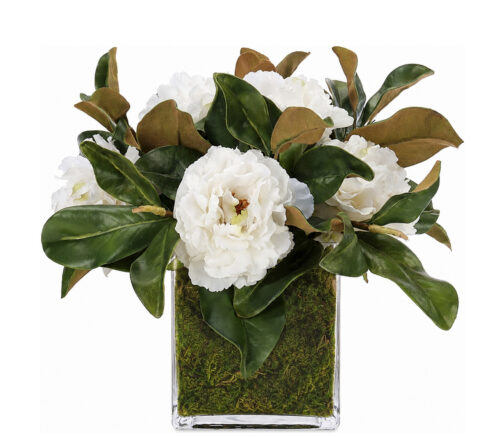 White Real Touch White Peony Magnolia Foliage Silk Arrangement in Glass
