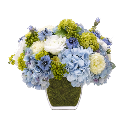 Rose, Hydrangea, Faux Moss Garden, 13"