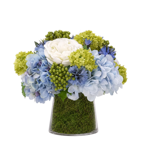 Rose, Hydrangea, Faux Moss Garden, 11"