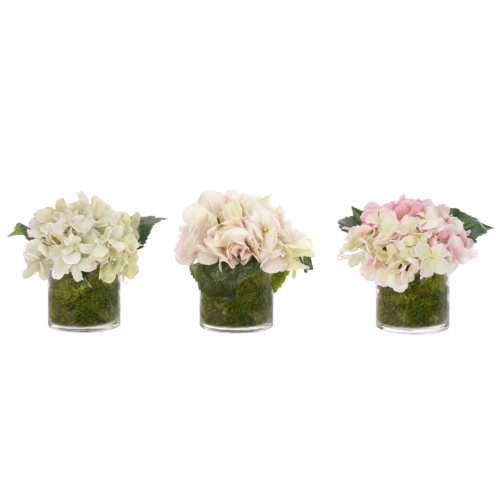 Hydrangea, Set of 3, Faux Moss Garden, 7"