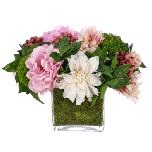 Dahlia Peony, Pink White, Moss Glass Cube, 15wx14dx12h