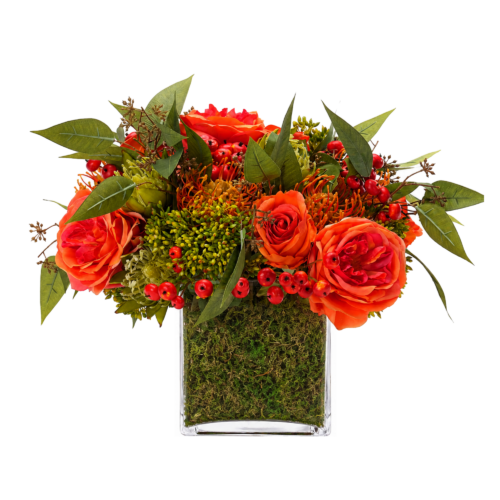 Orange Rose Protea Silk Arrangement in Glass Cube