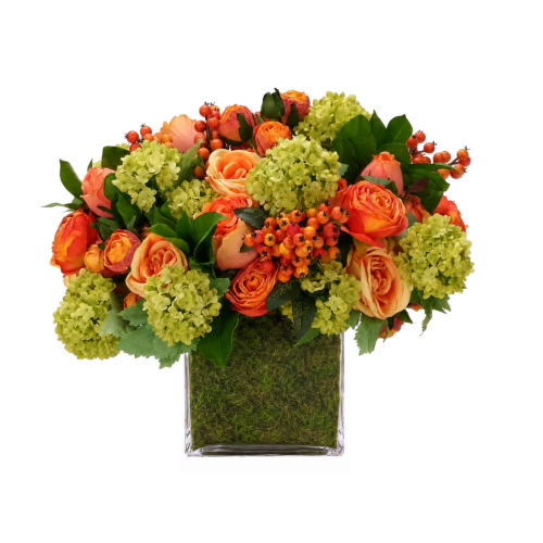 Rose, Snowball Hydrangea, Faux Moss Garden, 13"