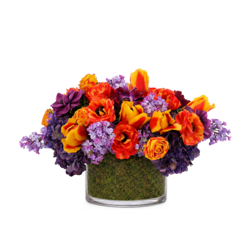 Purple Hydrangeas Faux Arrangement in Glass Bowl