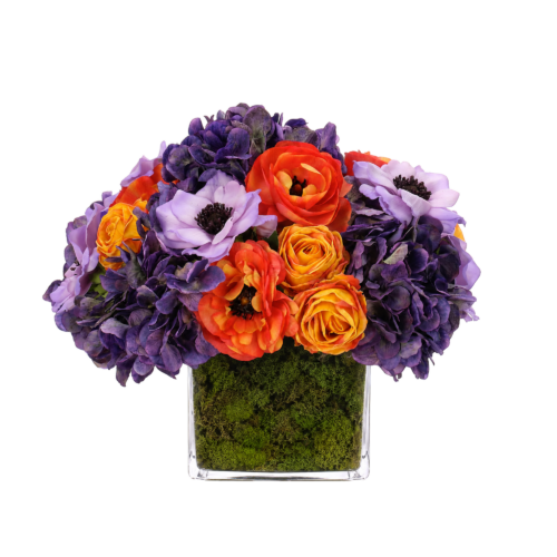 Hydrangea Ranunculus, Faux Moss Garden, 10"