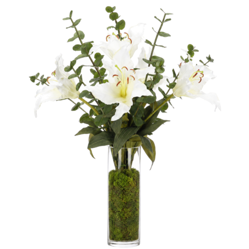Lily Eucalyptus, White Green, Moss Glass Cylinder,24wx21dx27
