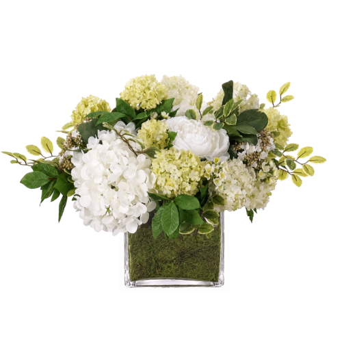 Peony Hydrangea, Faux Moss Garden, 15"