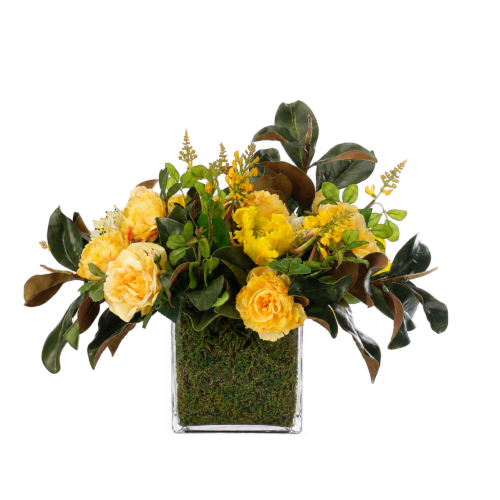 Yellow Rose Tulip Silk Arrangement in Glass Cube