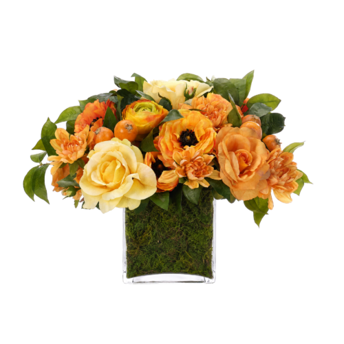 Rose Ranunculus, Yellow Orange, Moss Glass Cube, 19wx18dx12h